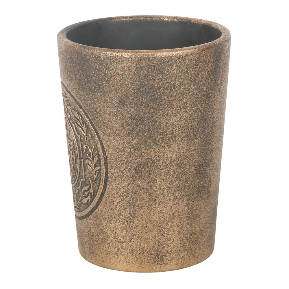 Terrakotta-Blumentopf „Gartenhexe“ in Bronzeoptik