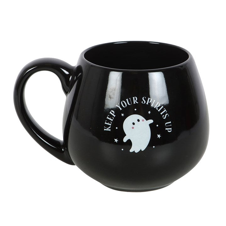 „Keep Your Spirits Up“ – Tasse mit rundem Geistermotiv