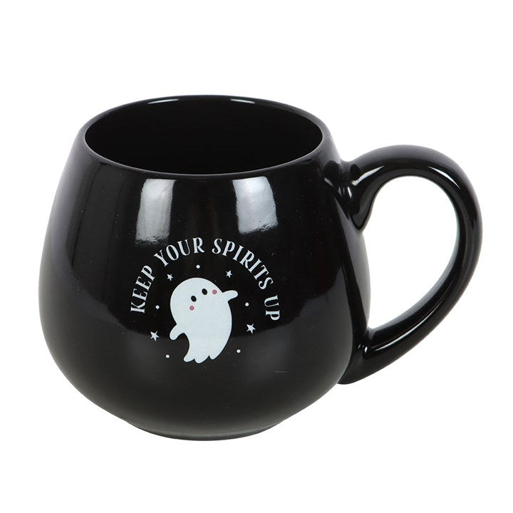 „Keep Your Spirits Up“ – Tasse mit rundem Geistermotiv