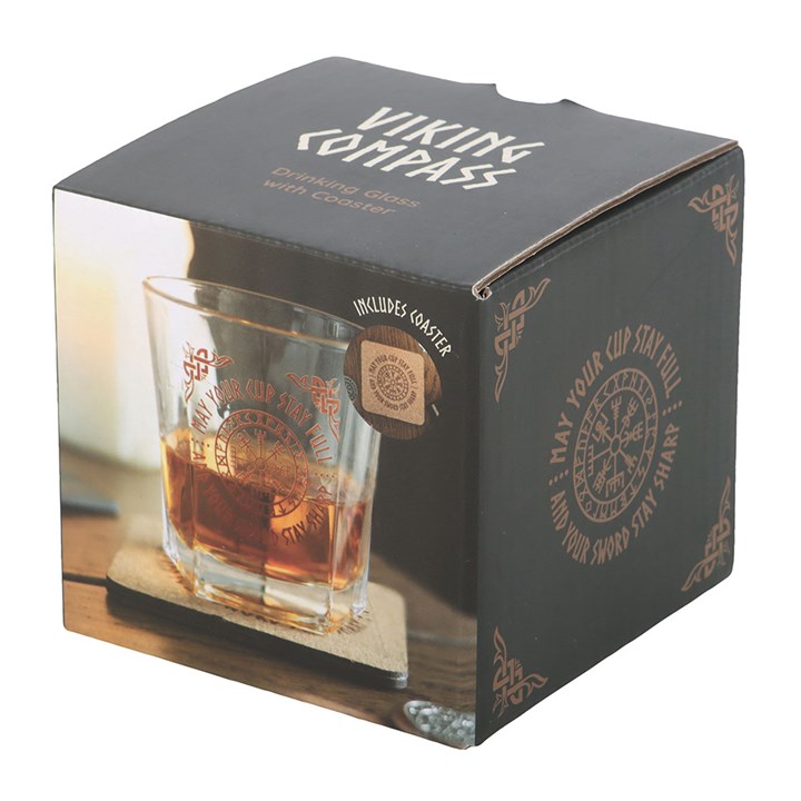 Viking Compass Lowball-Trinkglas mit Untersetzer