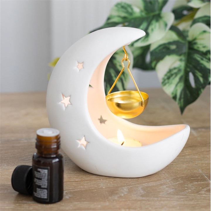 Weißer Halbmond-Ölbrenner zum Aufhängen mit goldener Schale