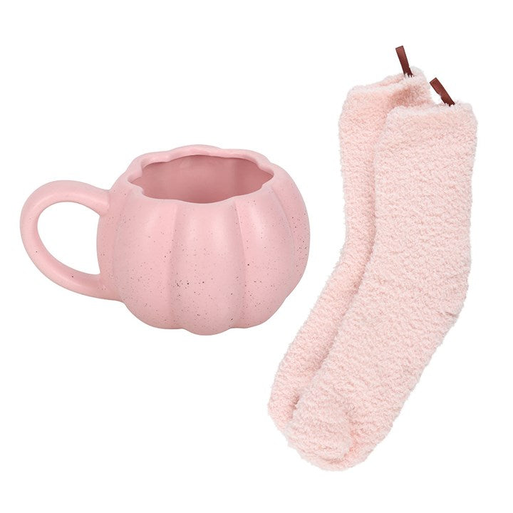 Set aus Tasse und Socken mit rosa Kürbis-Motiv