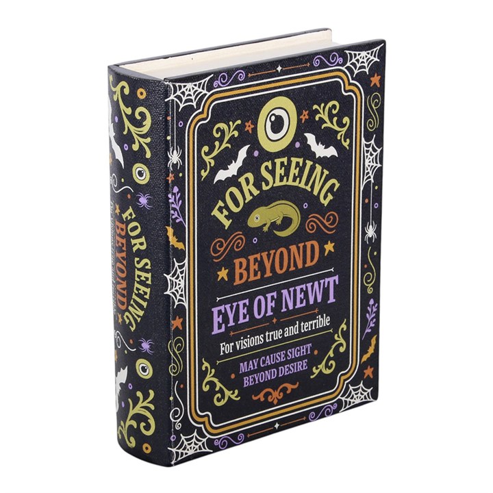 Aufbewahrungsbox in Form eines Zauberbuchs mit dem Titel „Eye of Newt“