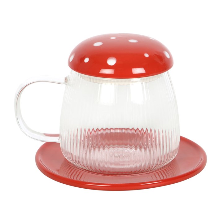 Tasse und Untertasse in Pilzform aus rotem Glas