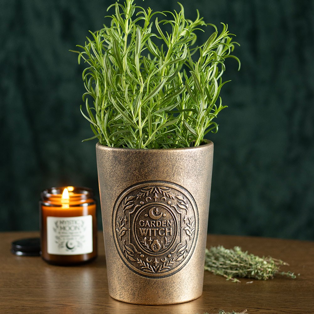 Terrakotta-Blumentopf „Gartenhexe“ in Bronzeoptik