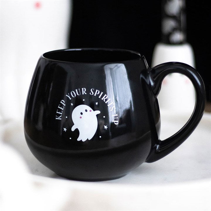 „Keep Your Spirits Up“ – Tasse mit rundem Geistermotiv
