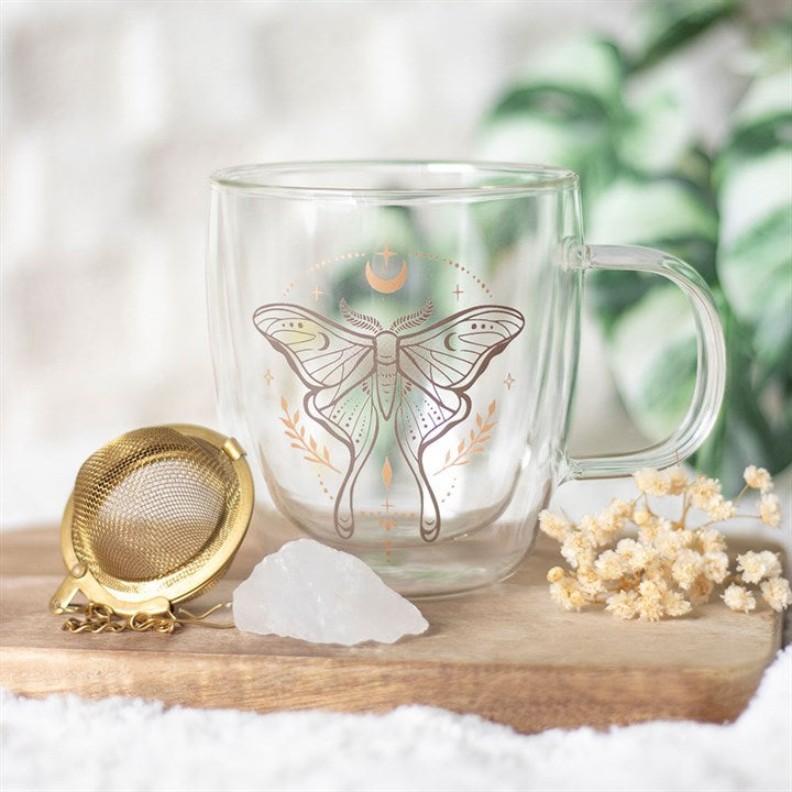 Luna Moth Glasbecher mit doppelter Wand und Kristall-Teesieb