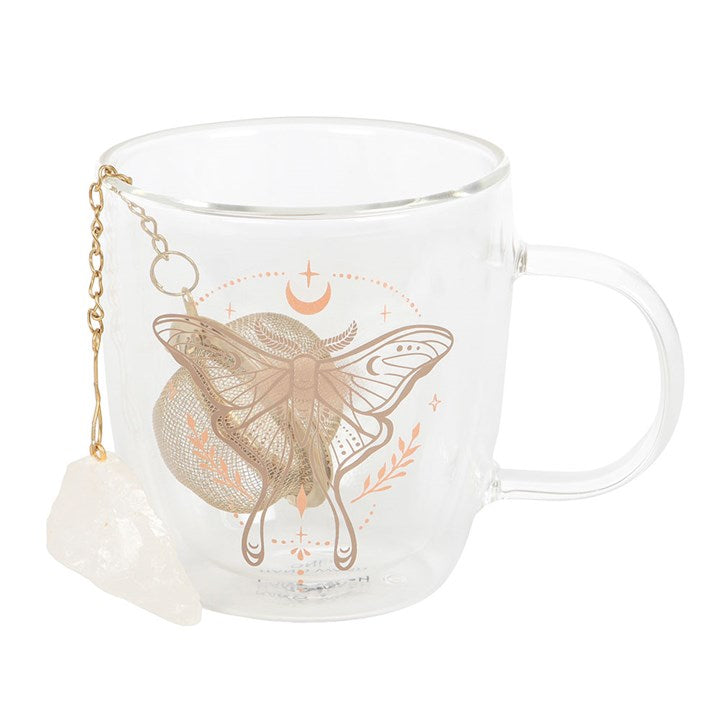 Luna Moth Glasbecher mit doppelter Wand und Kristall-Teesieb
