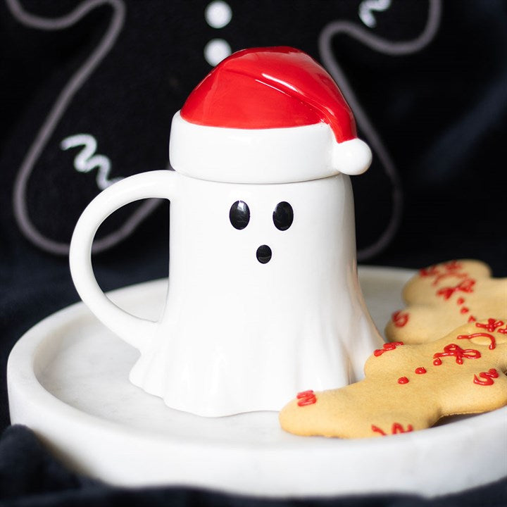 Tasse in Geisterform mit Deckel in Form einer Weihnachtsmütze
