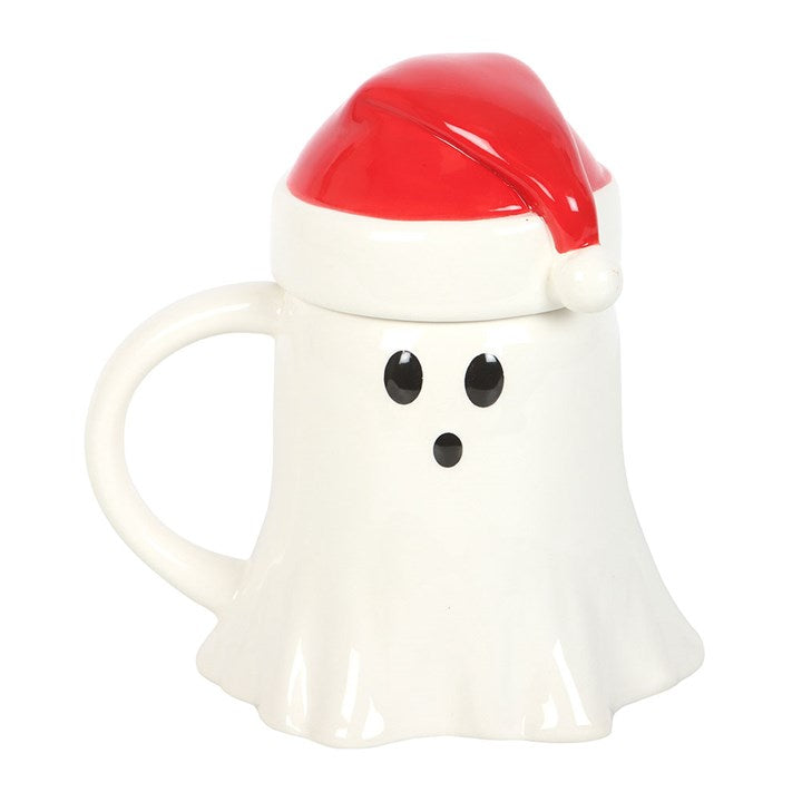 Tasse in Geisterform mit Deckel in Form einer Weihnachtsmütze