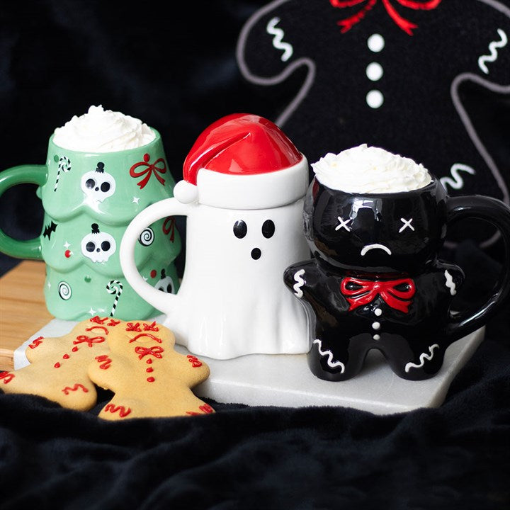 Tasse in Geisterform mit Deckel in Form einer Weihnachtsmütze