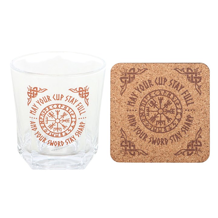 Viking Compass Lowball-Trinkglas mit Untersetzer