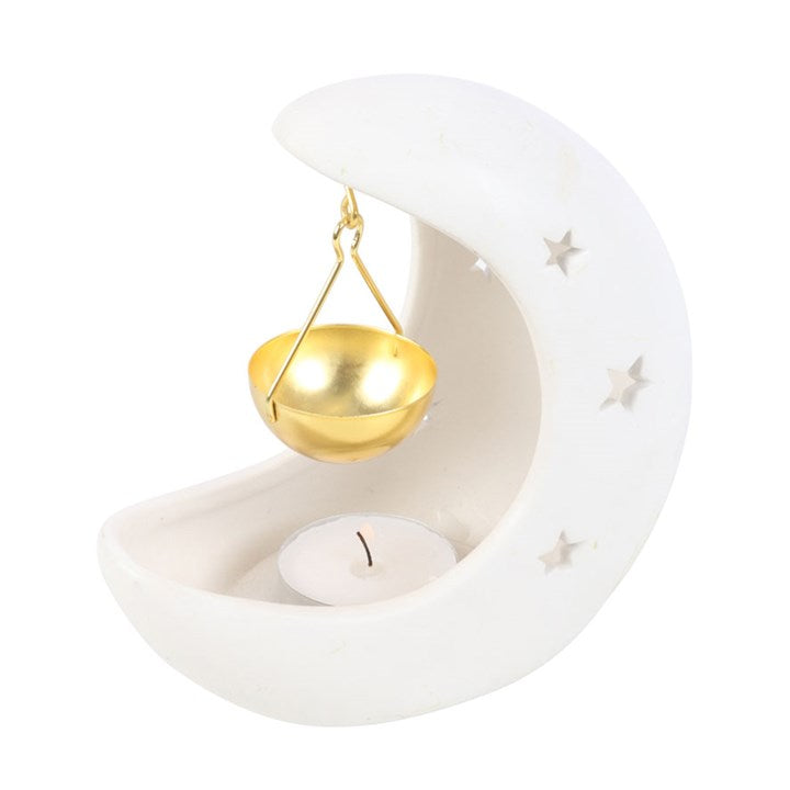 Weißer Halbmond-Ölbrenner zum Aufhängen mit goldener Schale