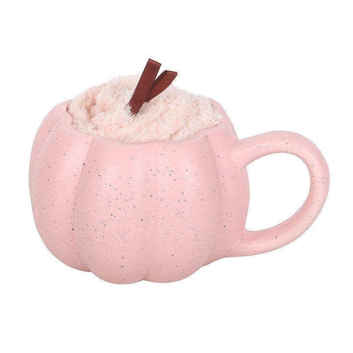 Set aus Tasse und Socken mit rosa Kürbis-Motiv